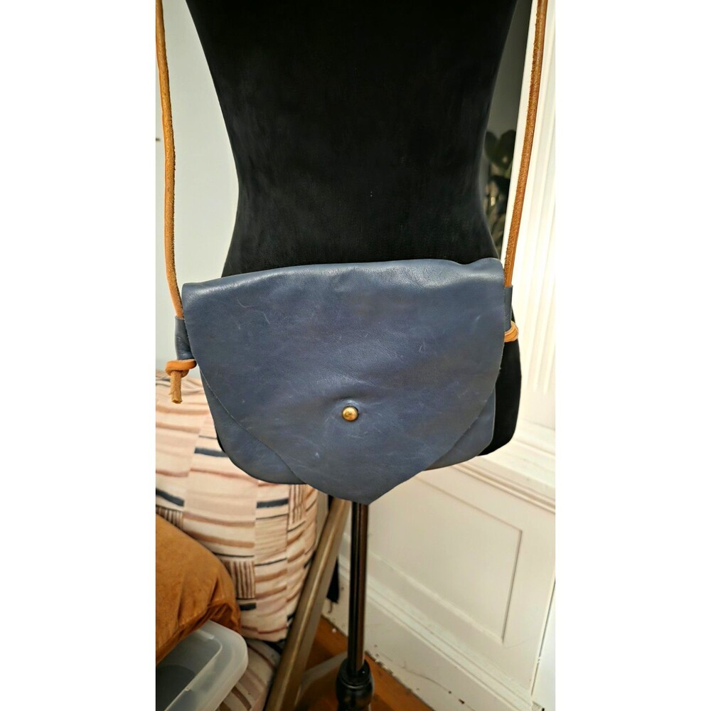 Handmade Vintage Boho Blue Leather Crossbody Shoulder Purse Brown Strap